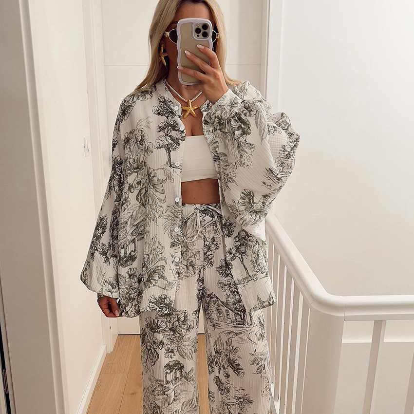 Breathable Long-sleeve Long-pants Cotton Pajamas For Women