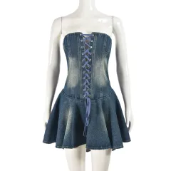 Women's Zipper Lace-up Chest Wrap Denim Skirt - Blue - View 1