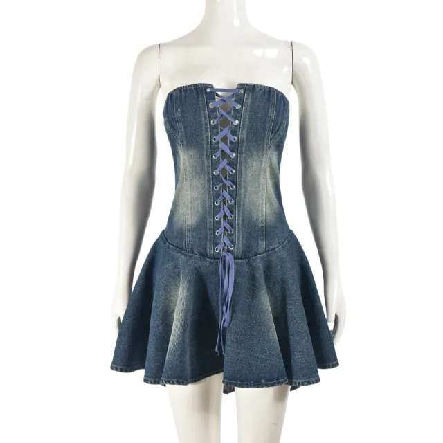 Women's Zipper Lace up Chest Wrap Denim Skirt Blue - Shop at LoveMi