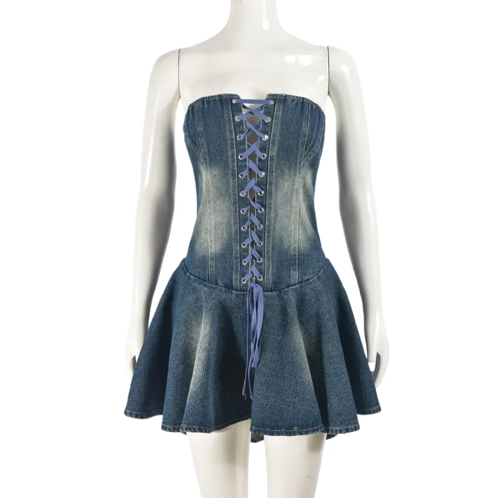 Women's Zipper Lace-up Chest Wrap Denim Skirt - Blue