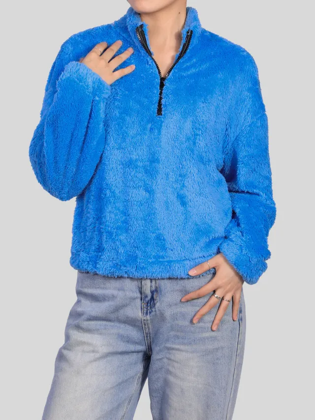 Thermal Half high Collar Long Sleeves Zipper Design Loose Casual Top Sapphire Blue - Shop at LoveMi