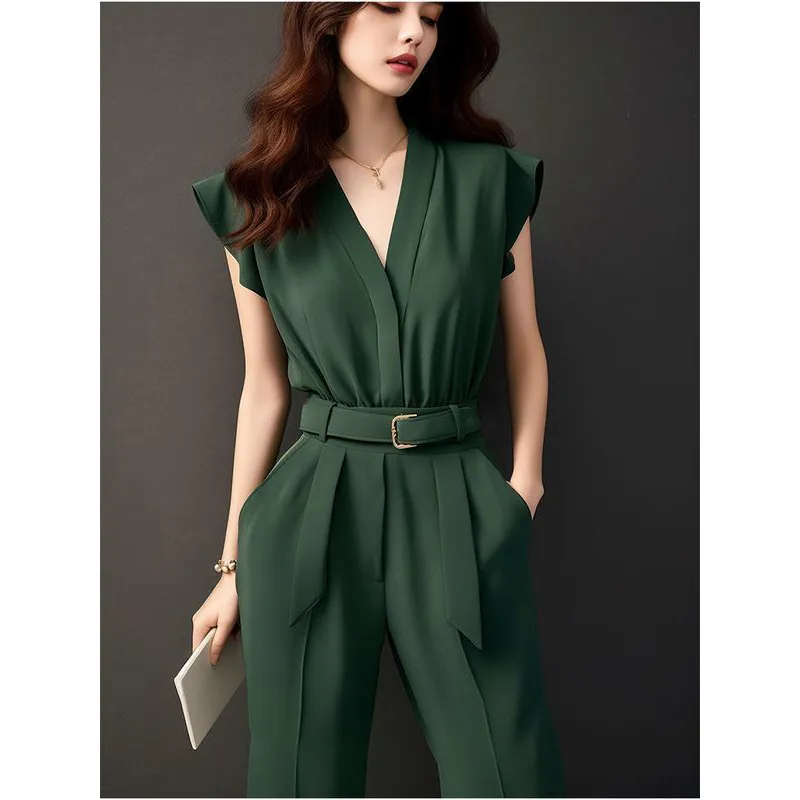 Women's High-grade Green Jumpsuit For Spring And Summer Chic Chanel-style - Green Is Not Belt