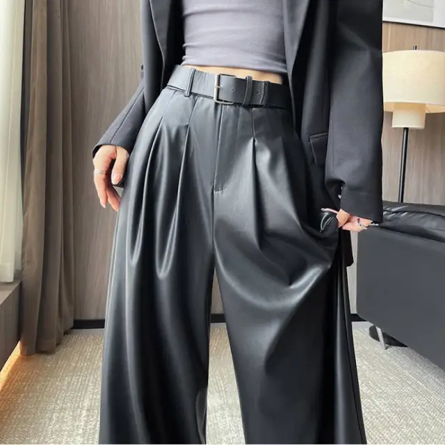 Suit Wide leg Leather Pants Women's High Waist Loose Black - Shop at LoveMi