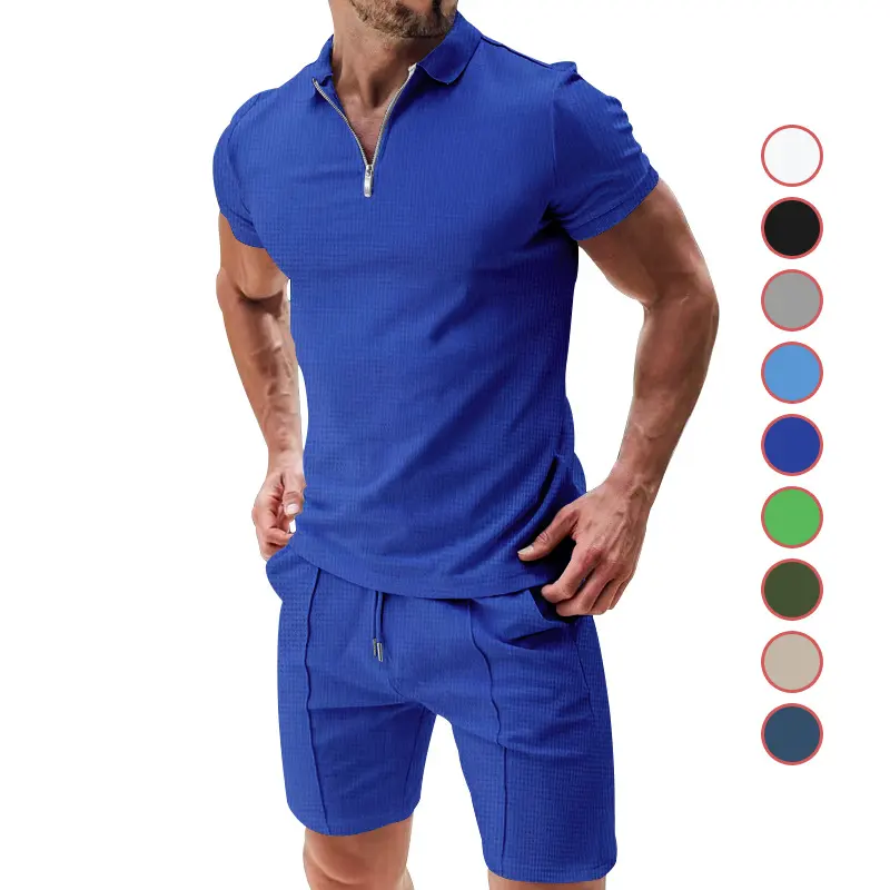 Men's Short Sleeve Shorts Casual Suit Summer Waffle Solid
