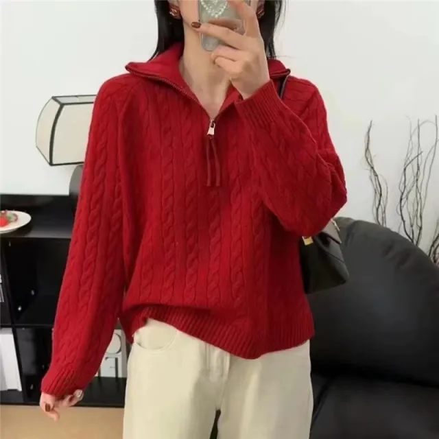 Thick Loose Outer Wear Half Turtleneck Lapel Cable knit Sweater Red - Shop at LoveMi