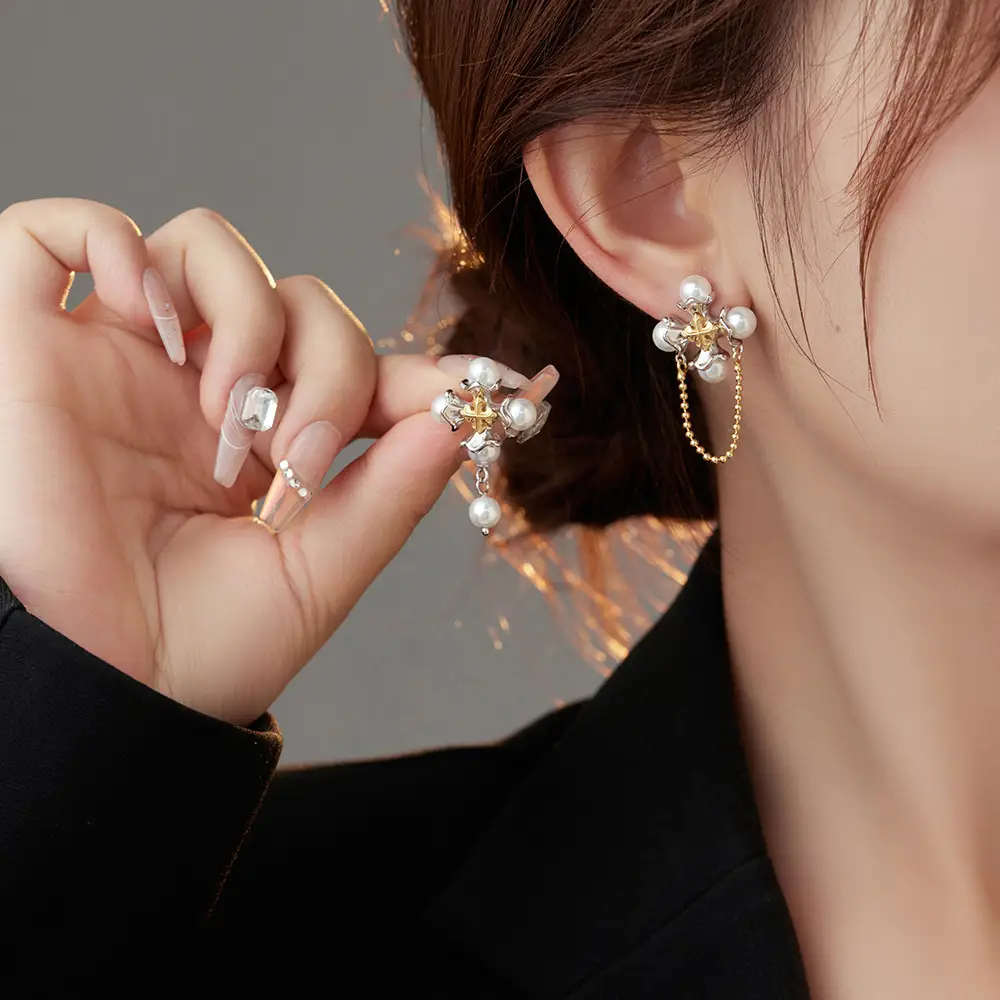 925 Sterling Silver Large Pearl Earrings Women's Retro