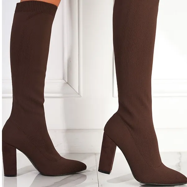 Autumn And Winter Large Size Women's Shoes Pointed Toe Chunky Heel Stretch Below The Knee Brown - Shop at LoveMi