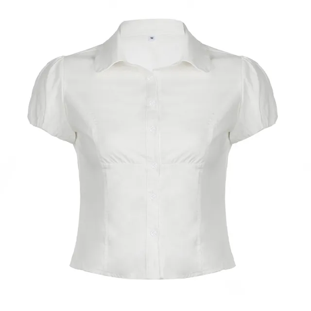 Solid Color Simple Waist Fitted Puff Sleeve Polo Shirt White - Shop at LoveMi
