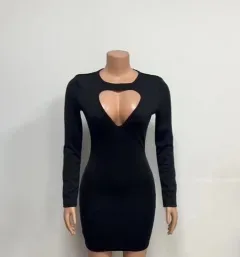 Women's Round-Neck Sexy Hollowed Heart-Shaped Sheath Long-Sleeve Dress - Black - View 1