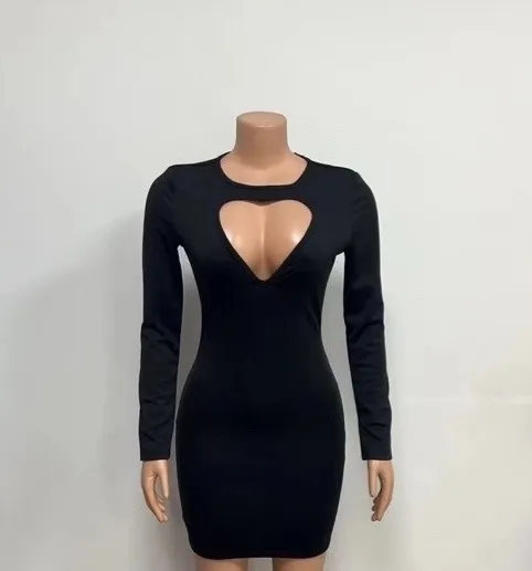 Women's Round-Neck Sexy Hollowed Heart-Shaped Sheath Long-Sleeve Dress - Black