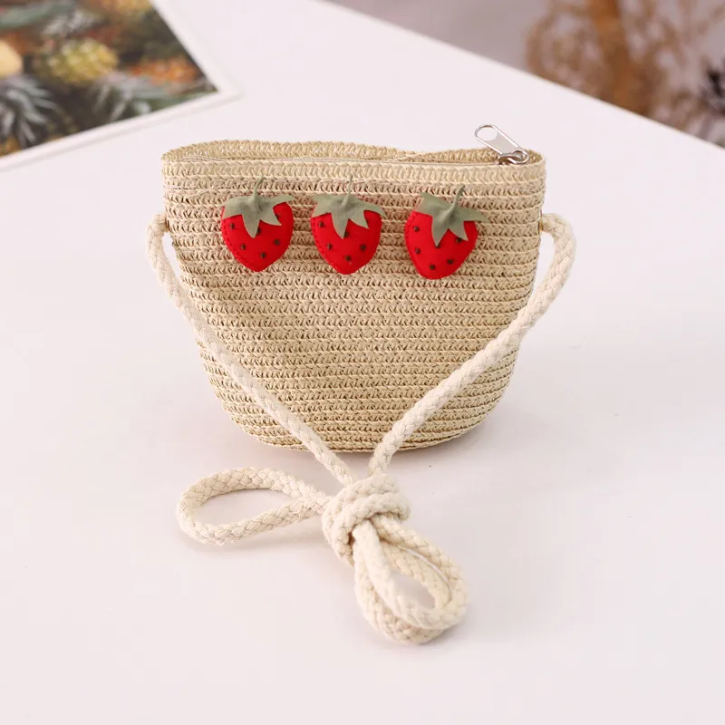 Three Strawberry Suit Children's Summer New Straw Hat - Beige Bag