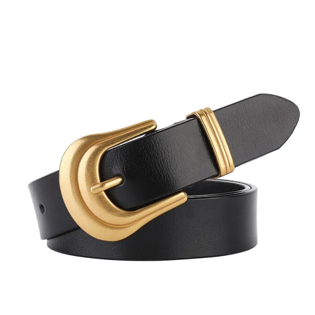 Simple Decorative Retro Distressed Women's Cowhide Belt Gold Buckle Black - Shop at LoveMi