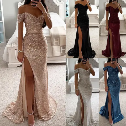 Party Sequins Off-neck Split Dress INS Casual Fashion Women