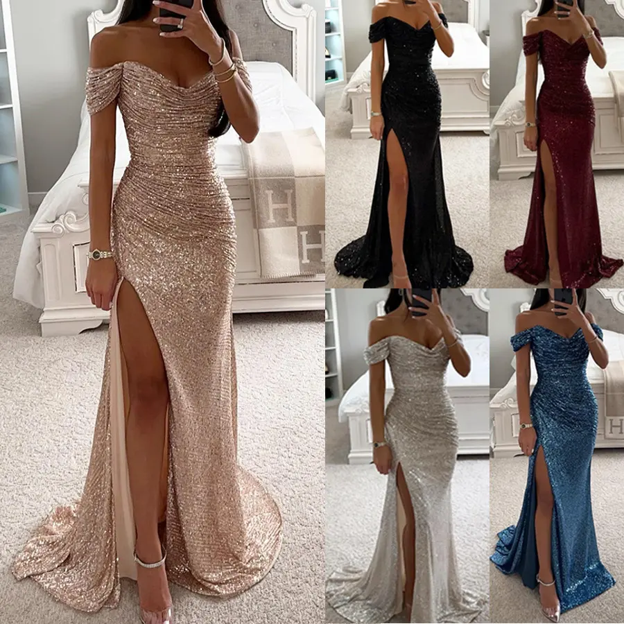 Party Sequins Off-neck Split Dress INS Casual Fashion Women