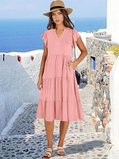 Mid-length Stitching Big Swing Pocket Dress - Pink