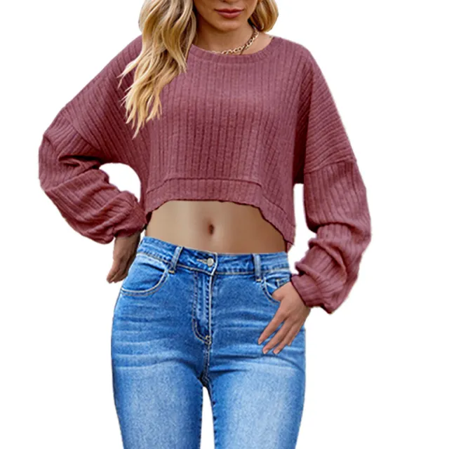 European And American Brushed Sunken Stripe Knitted Midriff baring Long Sleeve Short T Women's Top Wine Red - Shop at LoveMi