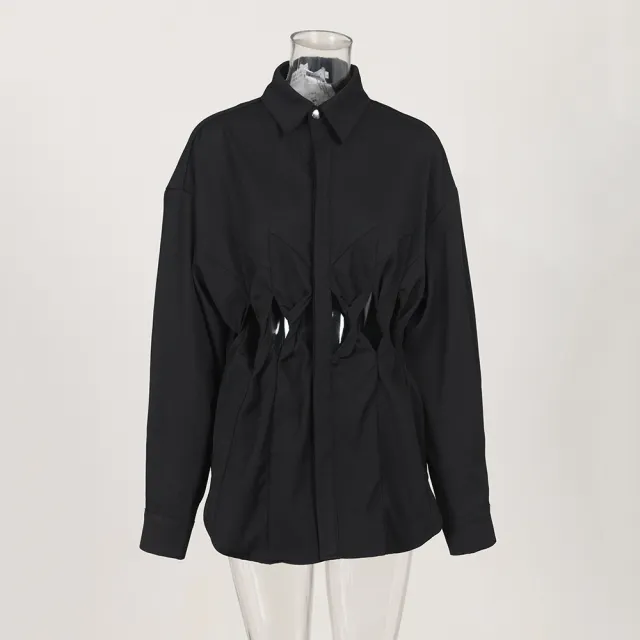 Kinked Hollow Out Stitching Design Long sleeved Shirt Loose Single breasted Niche Black - Shop at LoveMi