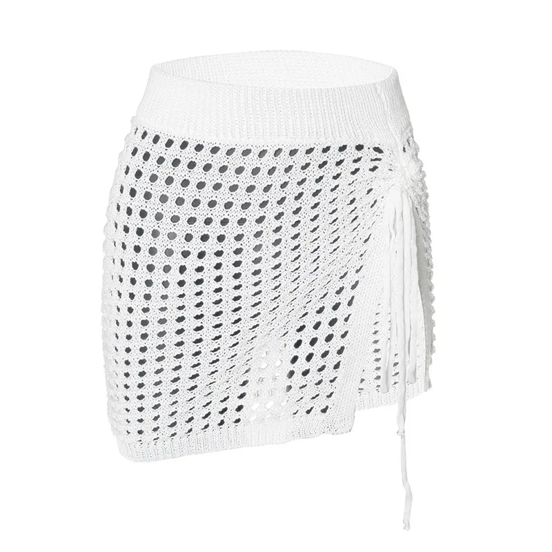 New Solid Colour Mesh Pleated Rope Wool Skirt - White