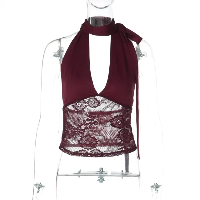 Seamless Deep V neck Halter Lace up Camisole Red - Shop at LoveMi