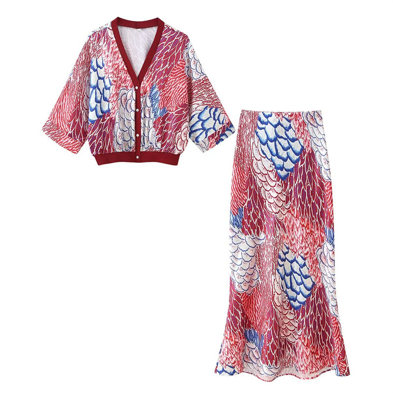 Pure Desire Two Colors Short Sleeve Stitching Printing Skirt Suit