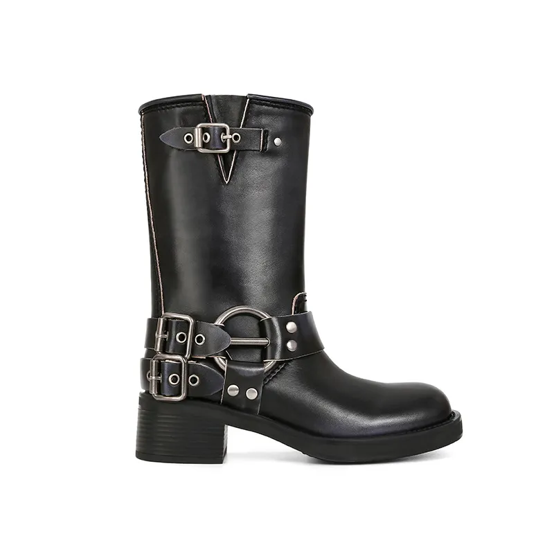 Mid-High Tube Western Denim Female Long Rider Boots - Black
