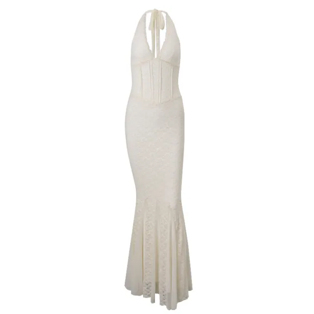 French Sexy Backless Lace Waist tight V neck Halter Fishtail Dress Apricot - Shop at LoveMi