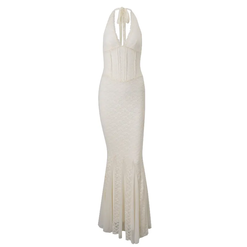 French Sexy Backless Lace Waist-tight V-neck Halter Fishtail Dress - Apricot