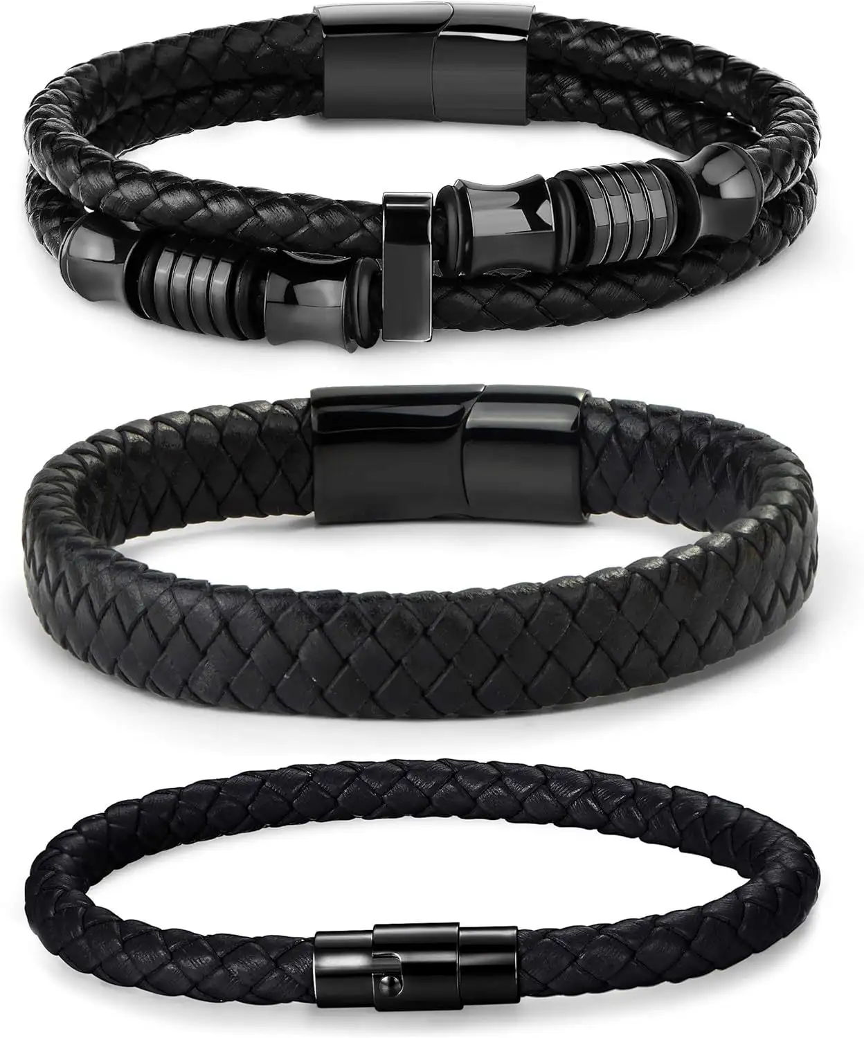 Simple Black Leather Stainless Steel Men's Bracelet
