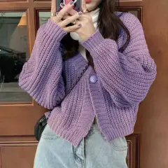 College Style Girls' Tops Loose Outer Wear Short Knitted Cardigan Sweater - Purple - View 1