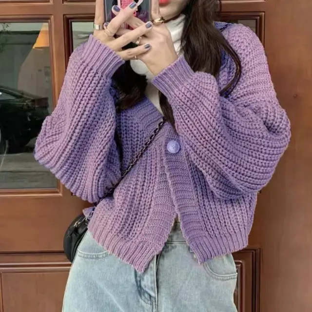 College Style Girls' Tops Loose Outer Wear Short Knitted Cardigan Sweater Purple - Shop at LoveMi