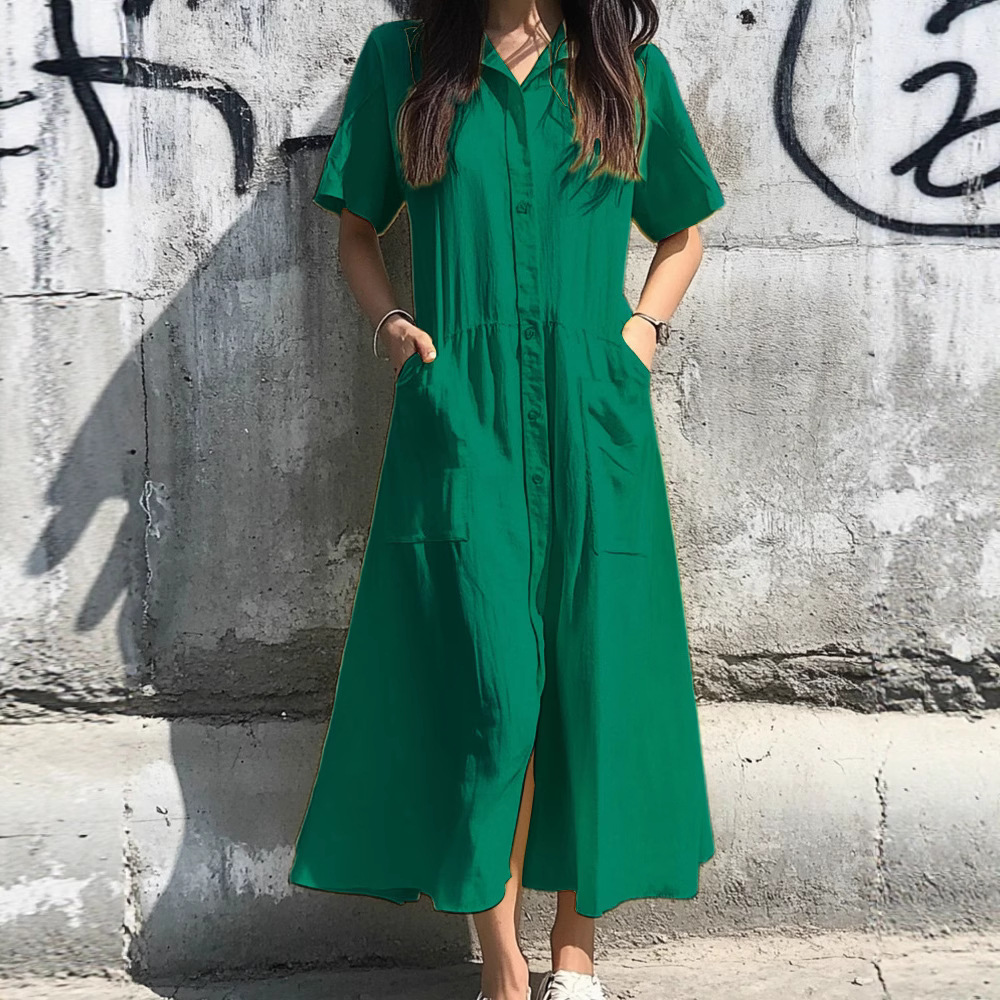 Women's Short-sleeved Button Casual Pocket Dress