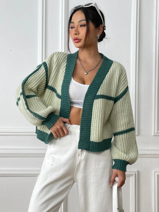 Color Contrast Patchwork Short Casual Loose Woven Sweater Green - Shop at LoveMi