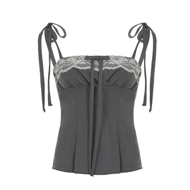 Girly Style Lace With Bow Splicing Sling Sweet Contrast Color Gray - Shop at LoveMi
