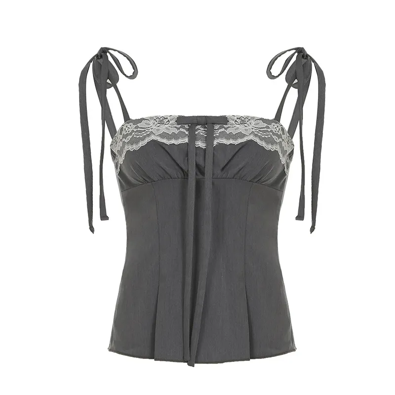 Girly Style Lace With Bow Splicing Sling Sweet Contrast Color - Gray