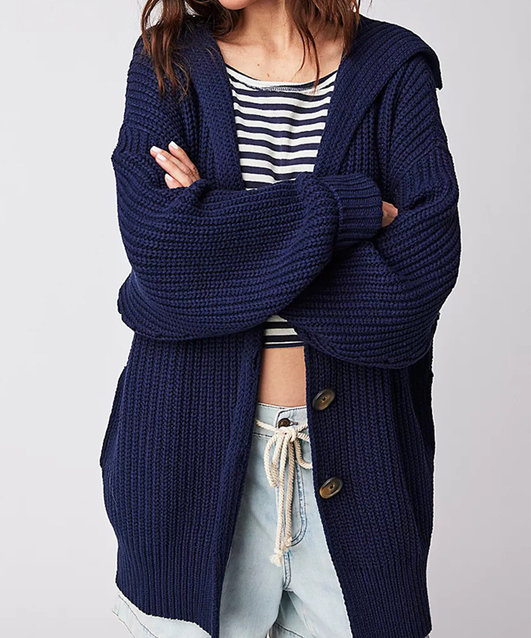 Women's Lapel Pocket Knitted Cardigan Button Mid length Coat Denim Blue - Shop at LoveMi