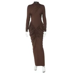 Women's Solid Colour High Neck Long Sleeve Ruffle Back Bodycon Dress - Brown - View 1