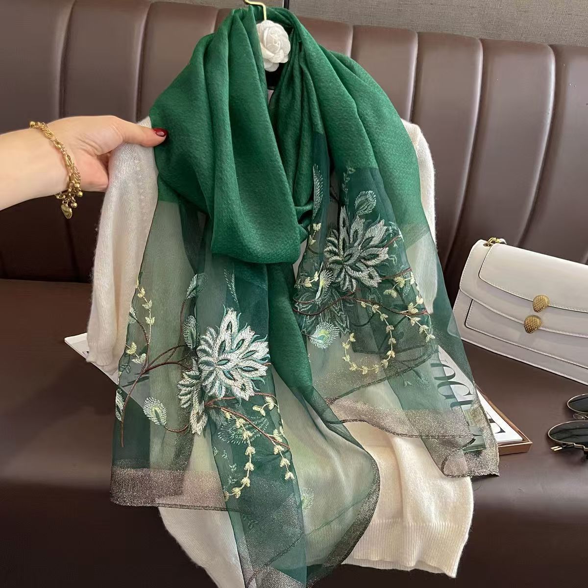 Versatile Embroidered Silk-Feel Thermal Scarf