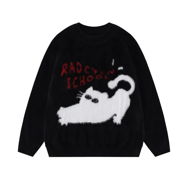 Winter Real Shot American Sweet Girl Loose Furry Pullover Sweater Black - Shop at LoveMi