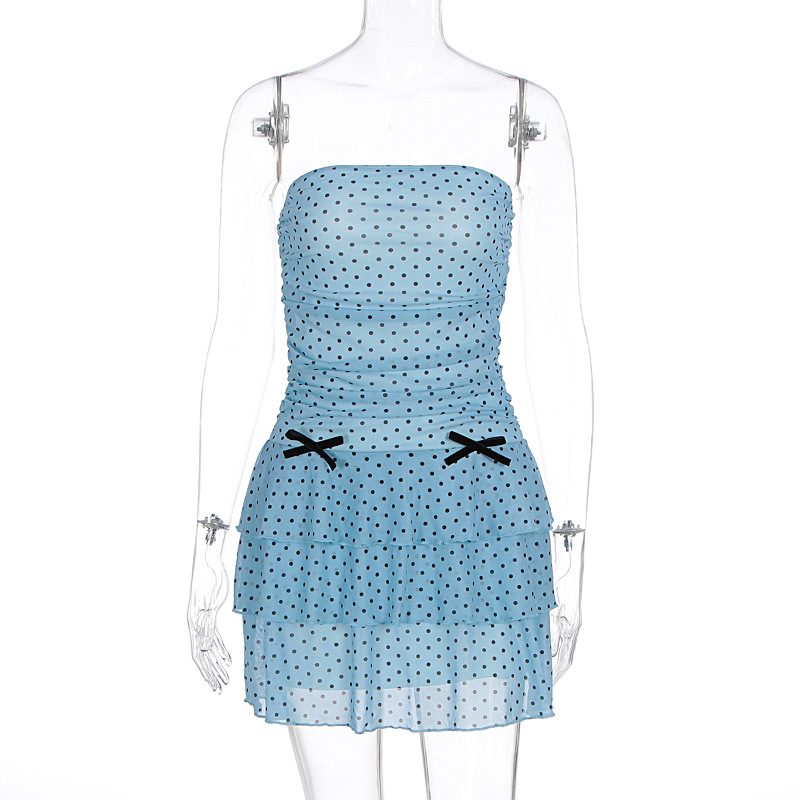Spotted Mesh Bow Decorated Bodycon Dress Blue - Shop at LoveMi