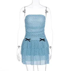 Spotted Mesh Bow Decorated Bodycon Dress - Blue - View 1