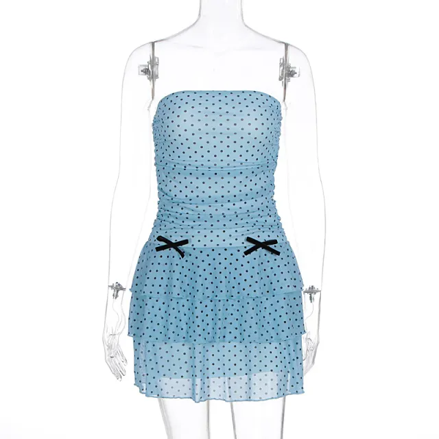 Spotted Mesh Bow Decorated Bodycon Dress Blue - Shop at LoveMi