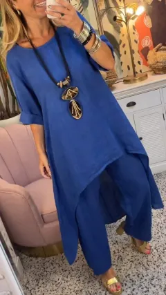 Solid Color Irregular Casual Cropped Long Sleeve Cotton And Linen Trousers Suit Women - Sapphire Blue - View 1