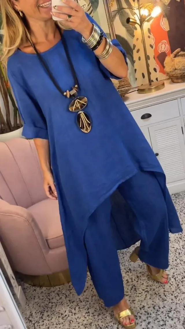 Solid Color Irregular Casual Cropped Long Sleeve Cotton And Linen Trousers Suit Women Sapphire Blue - Shop at LoveMi