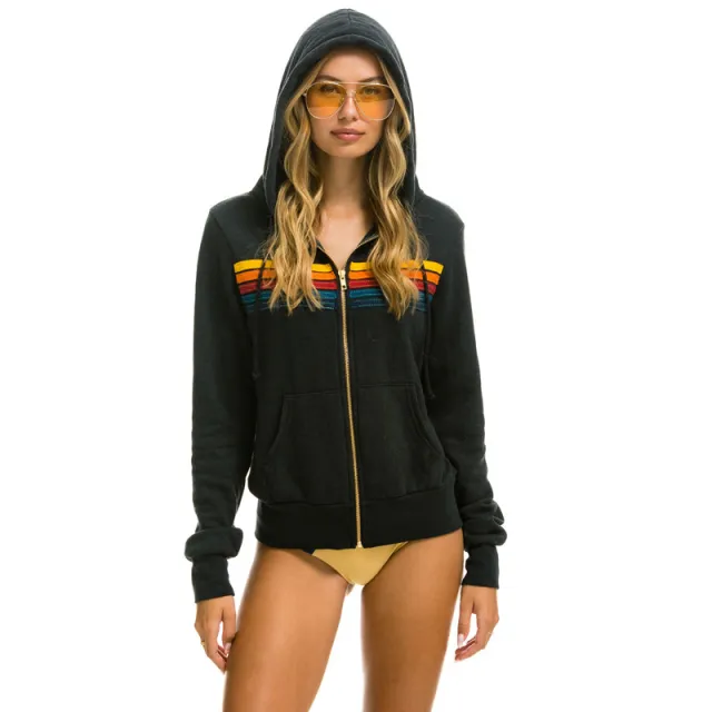 Women's Coat Rainbow Bar Hooded Sweater Long Sleeve Black - Shop at LoveMi