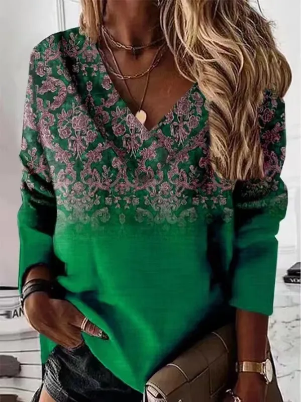Retro Printed V neck Long sleeved T shirt For Women Dark Green - Shop at LoveMi