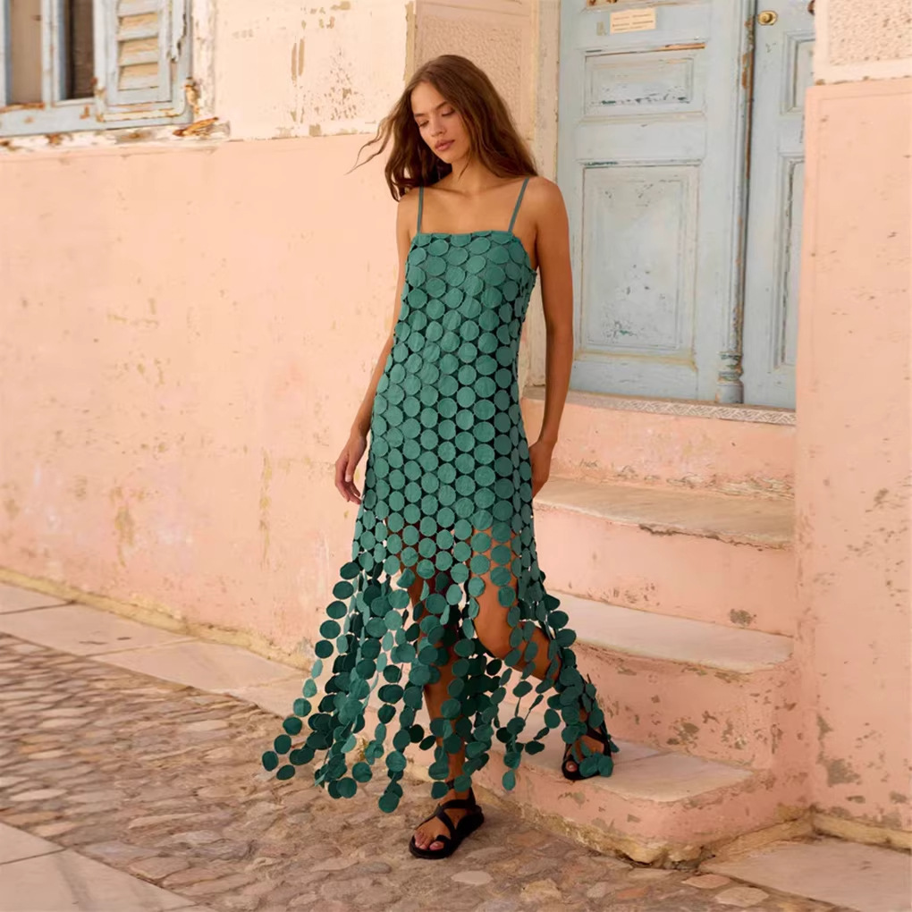 Hollow-out Polka-dot Midi Slip Dress