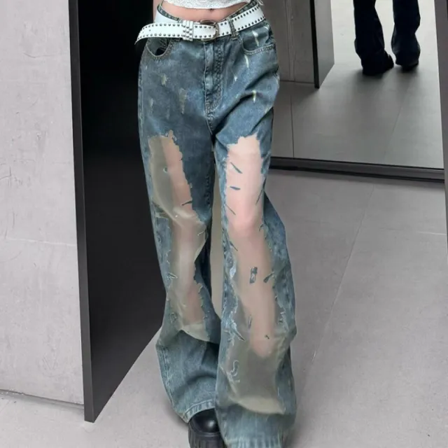 Retro Washed Ripped Jeans For Women Summer Hollow Out Blue - Shop at LoveMi