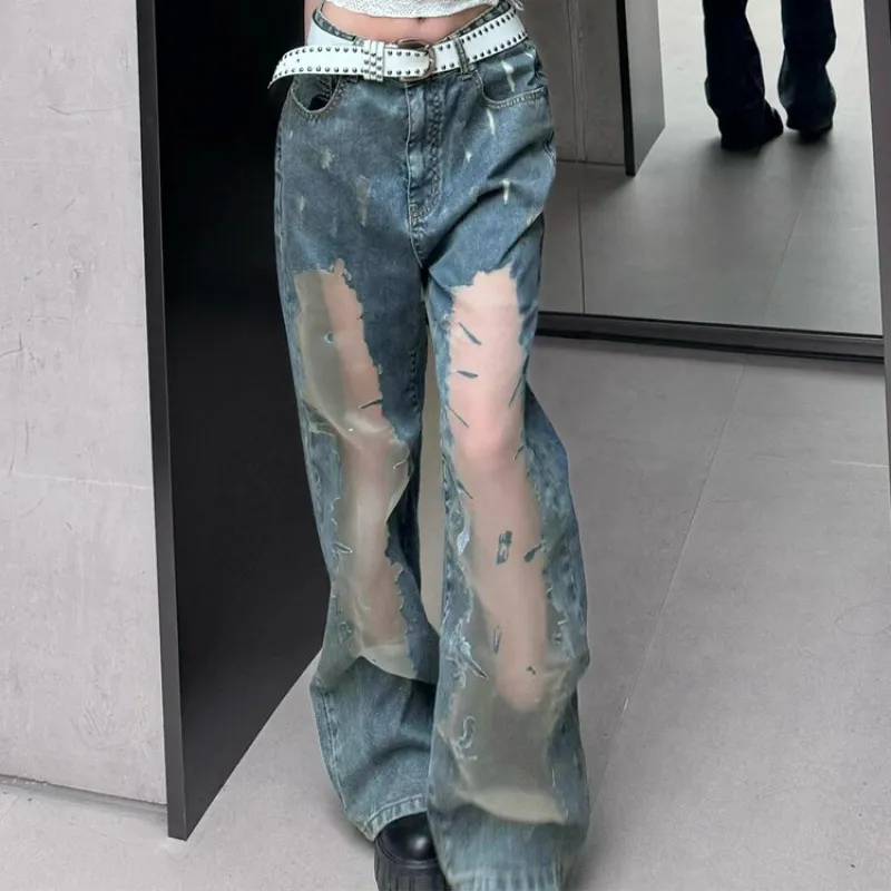 Retro Washed Ripped Jeans For Women Summer Hollow Out - Blue