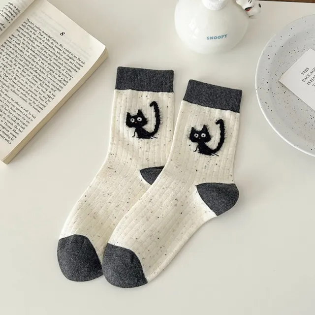 Cartoon NEPs Yarn Socks Women's Mid Tube Stockings Flocking Plush Spring And Autumn Cute Bunching Socks White Cat - Shop at LoveMi
