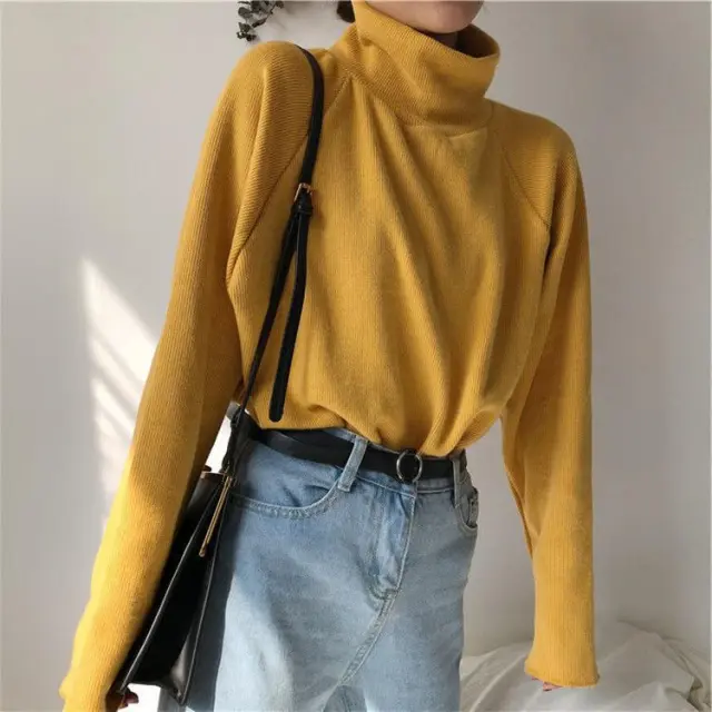 All match Bottoming Shirt T shirt Loose Mock Neck Yellow - Shop at LoveMi